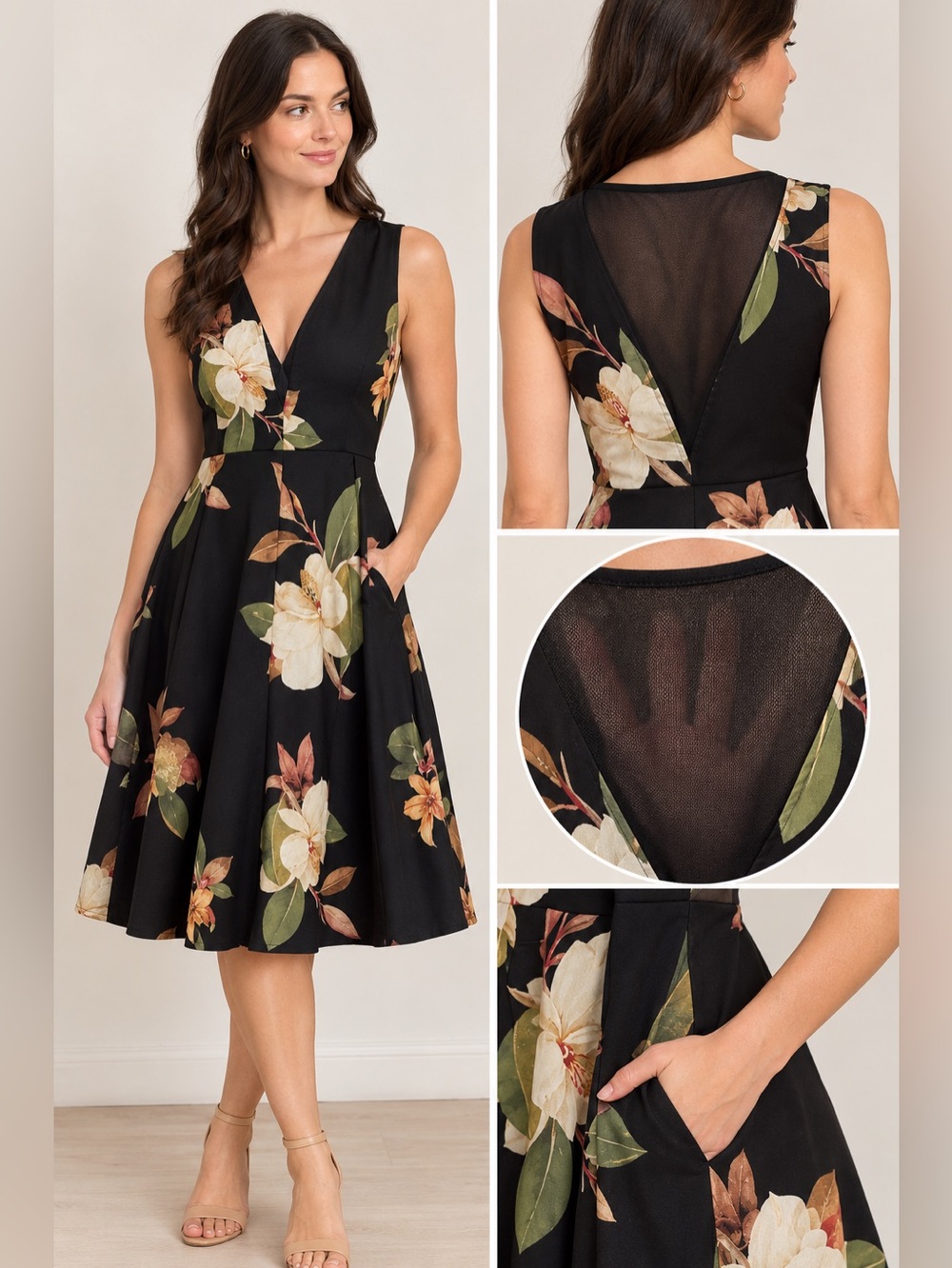 Pink Martini Floral Black Fit & Flare Sleeveless Dress Size M